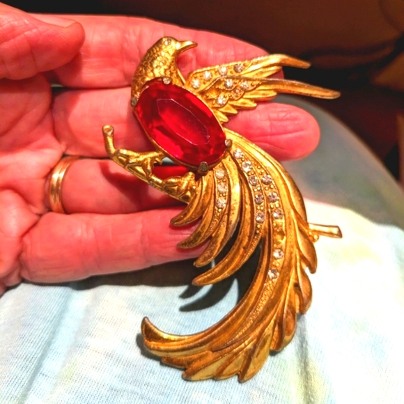 Vintage 1940 red & gold faceted rare crystal Gold plate bird of Paradise - Picture 15 of 16